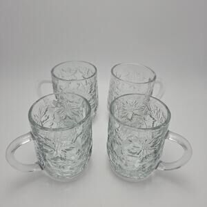 Princess House Fantasia Mugs Set of 4 Clear Glass Poinsetta
